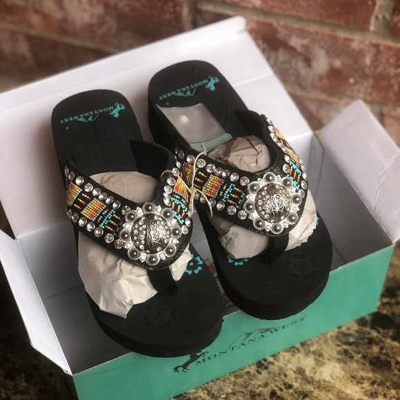 Montana West Shoes - Montana West Aztec Hand Beaded Flip Flops
